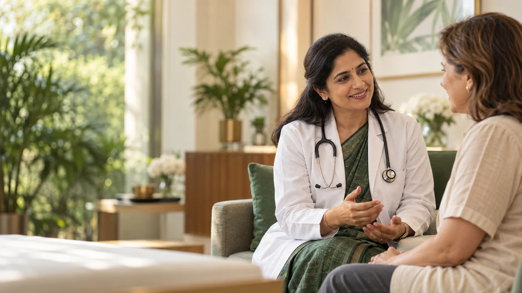 Illustrative scene of a doctor and patient in a welcoming consultation room